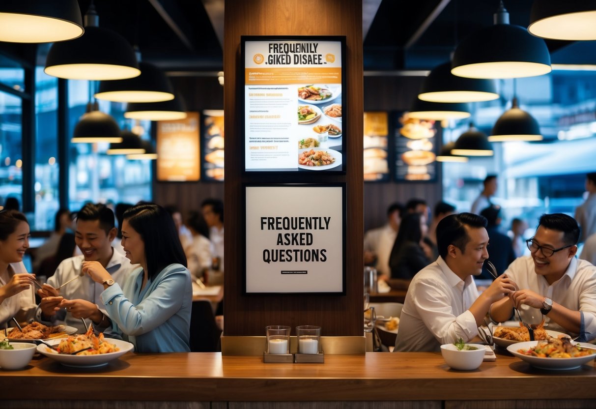 A bustling restaurant with people enjoying seafood dishes, a prominent "Frequently Asked Questions" section, and eye-catching promotional materials displayed prominently