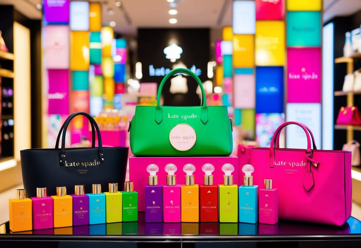 A colorful display of kate spade products arranged in an eye-catching manner, with bright signage and promotional materials