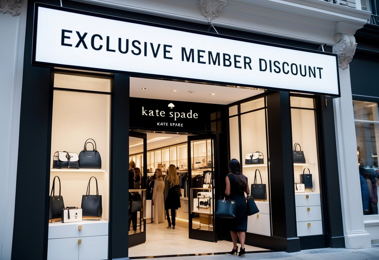 A stylish storefront with a prominent 'Exclusive Member Discount' sign, showcasing kate spade products and attracting shoppers
