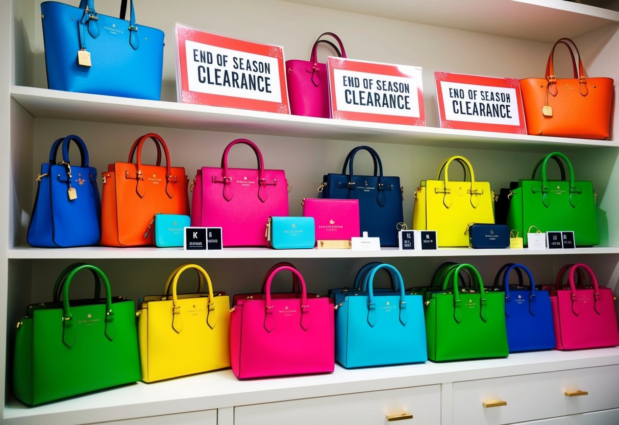 Brightly colored kate spade handbags and accessories displayed on shelves with "End of Season Clearance" signs