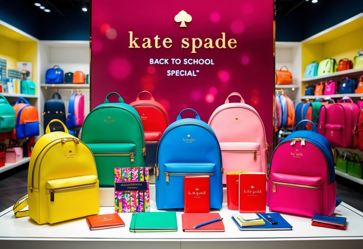A colorful kate spade display featuring backpacks, notebooks, and accessories with a "Back to School Special" sign