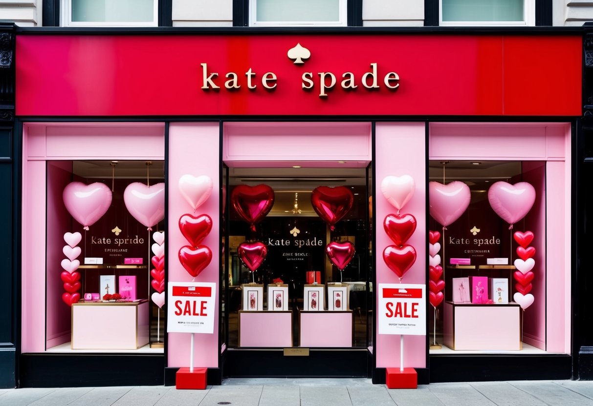 A pink and red kate spade storefront display with heart-shaped balloons and sale signs