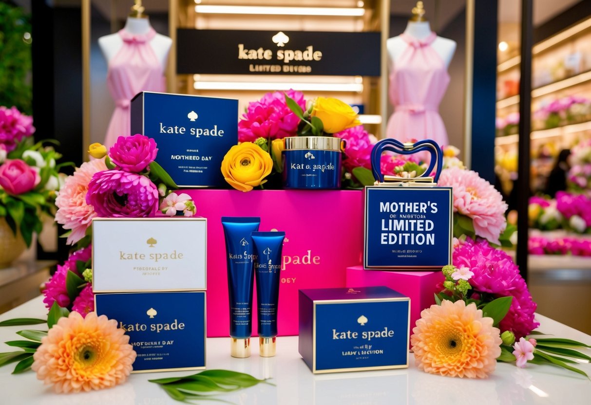 A vibrant display of kate spade products, surrounded by floral arrangements and "Mother's Day Limited Edition" signage