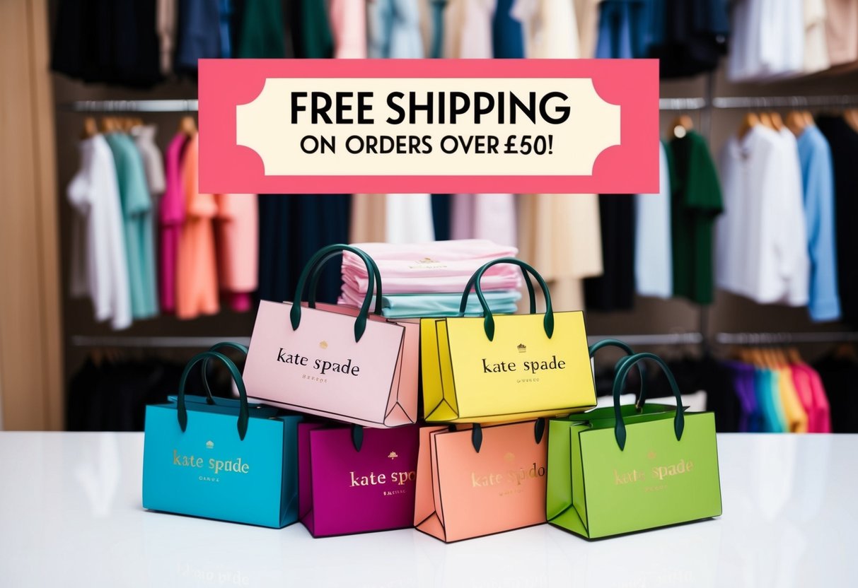A stack of colorful kate spade shopping bags with a banner reading "Free Shipping on Orders Over £50" above them