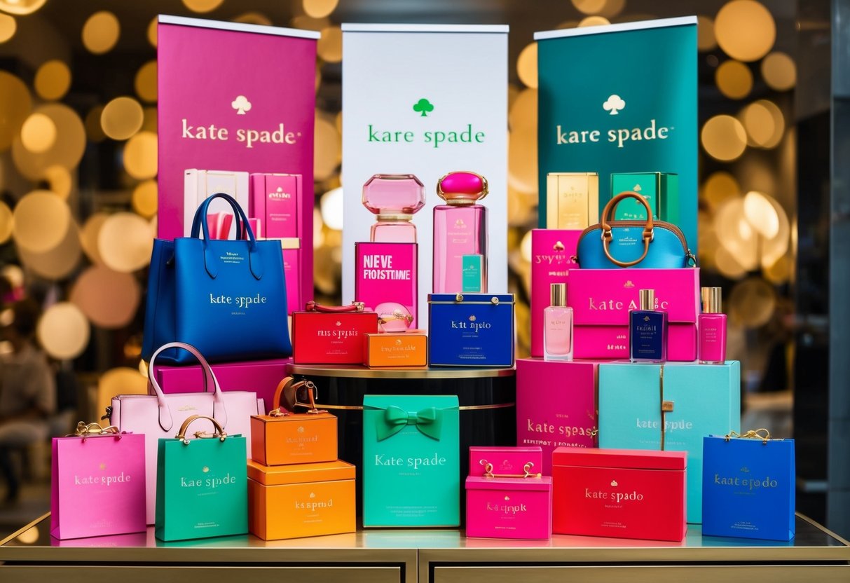 A colorful display of Kate Spade products arranged in an inviting and stylish manner, with eye-catching promotional signs and banners
