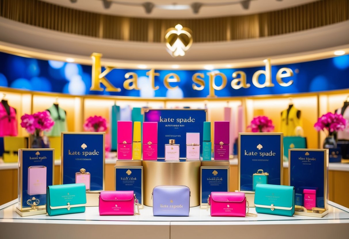 A vibrant display of Kate Spade products arranged with promotional signage and colorful accents