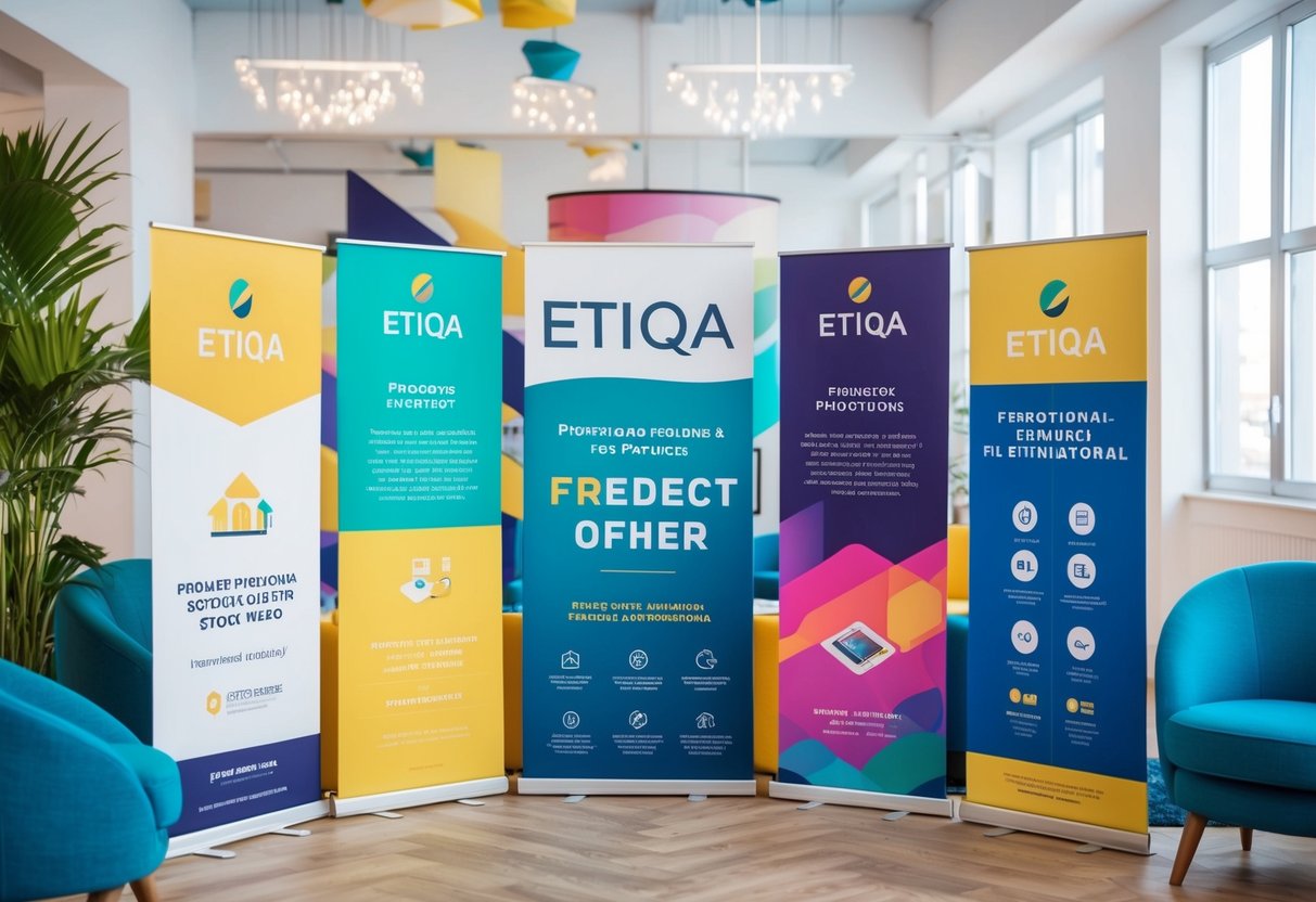 A colorful array of promotional materials for Etiqa, including banners, flyers, and logos, displayed in a vibrant and inviting setting