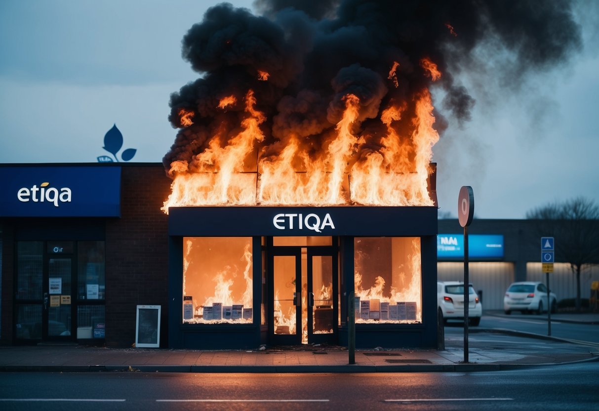 A small business storefront engulfed in flames, with the Etiqa logo visible in the background