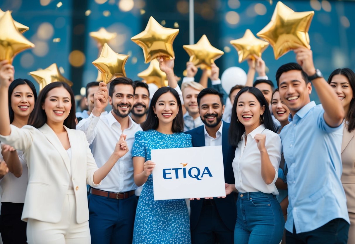 A group of happy customers receiving rewards for renewing their insurance policies with Etiqa, celebrating with smiles and excitement