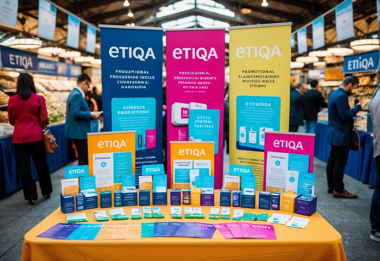 A vibrant, eye-catching display of Etiqa promotional materials, including banners, flyers, and product samples, arranged neatly on a table in a bustling marketplace