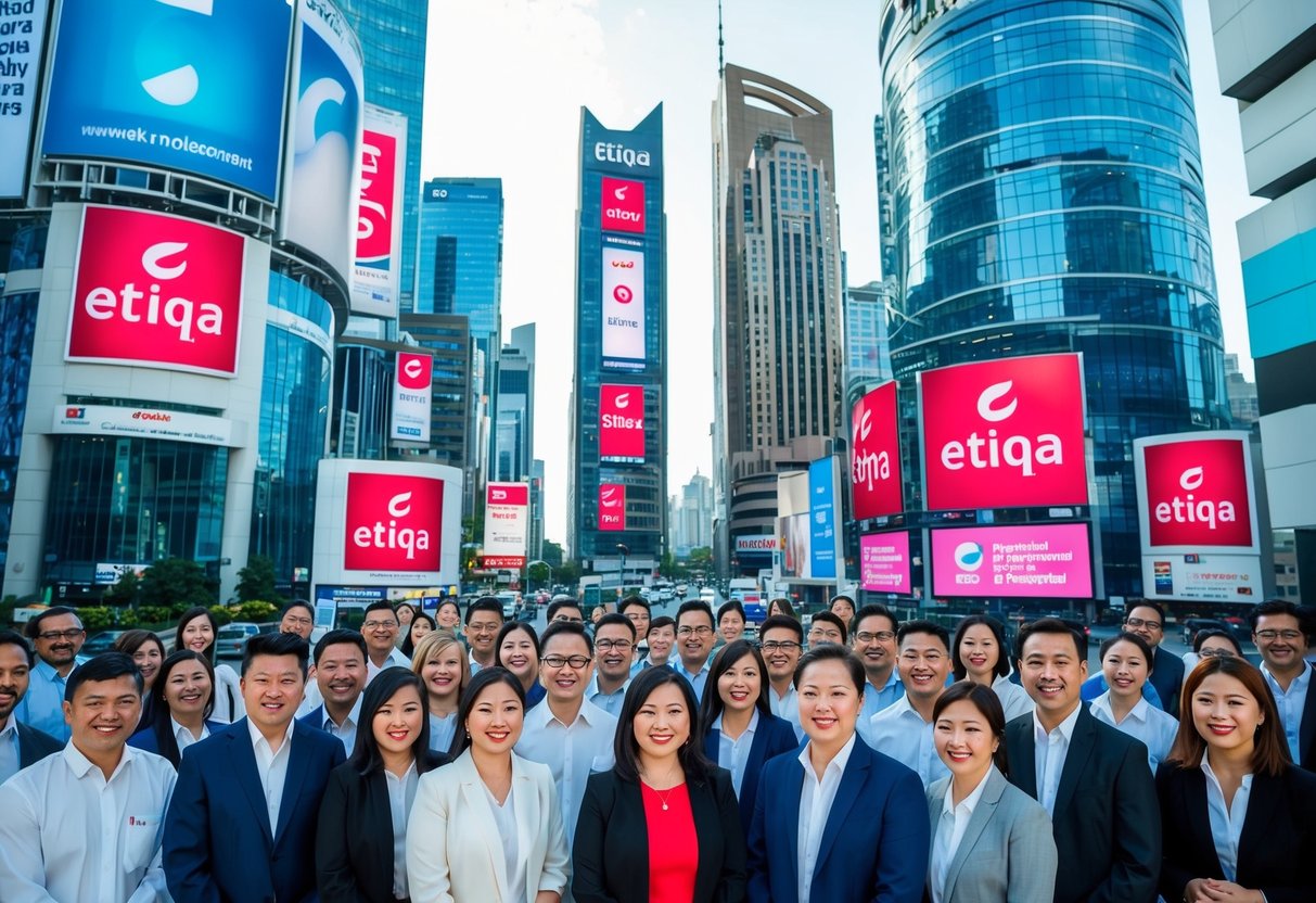 A vibrant and dynamic cityscape with Etiqa's logo prominently displayed on billboards and buildings, surrounded by happy and satisfied customers