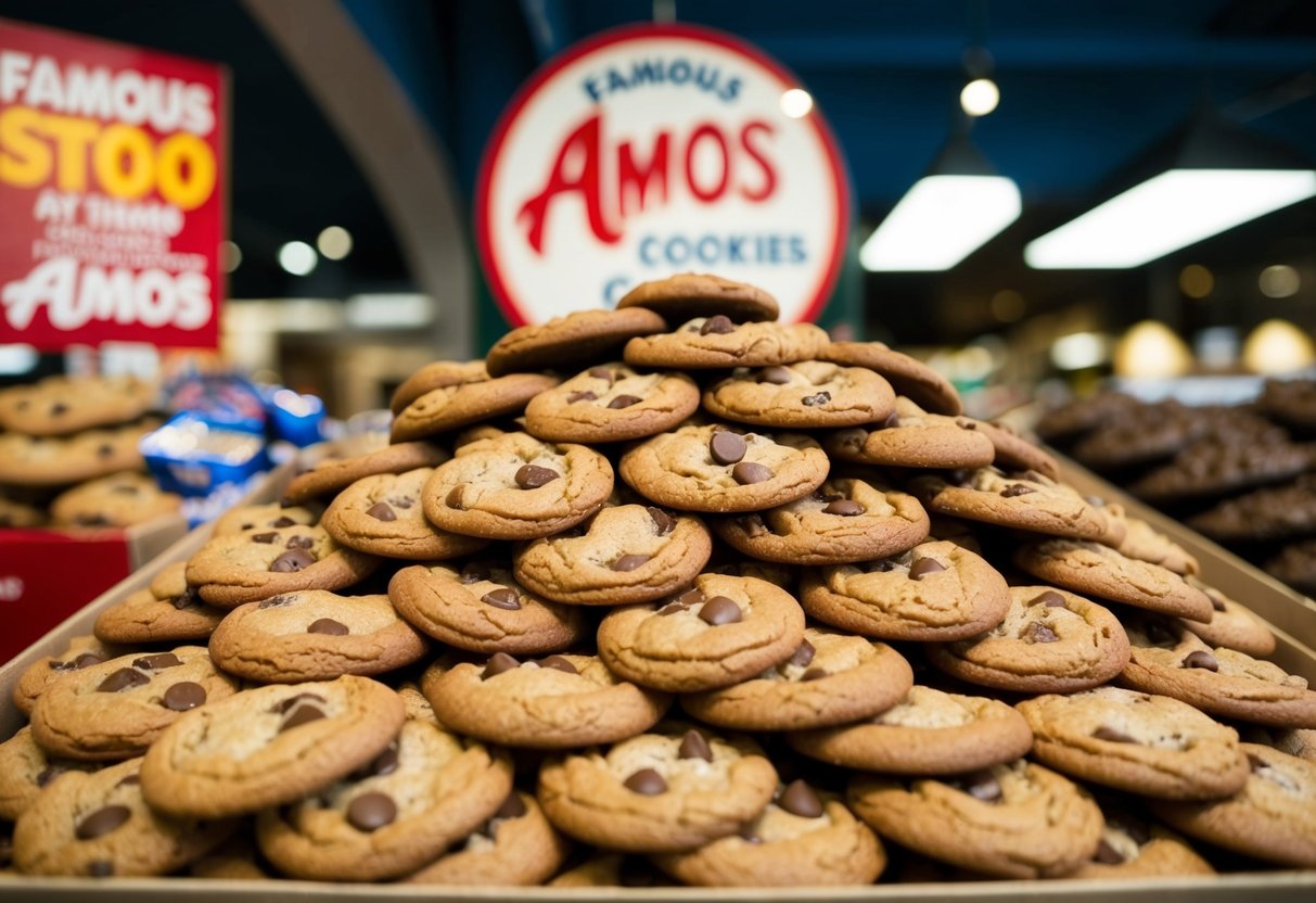 A mountain of chocolate chip cookies on sale at Famous Amos store