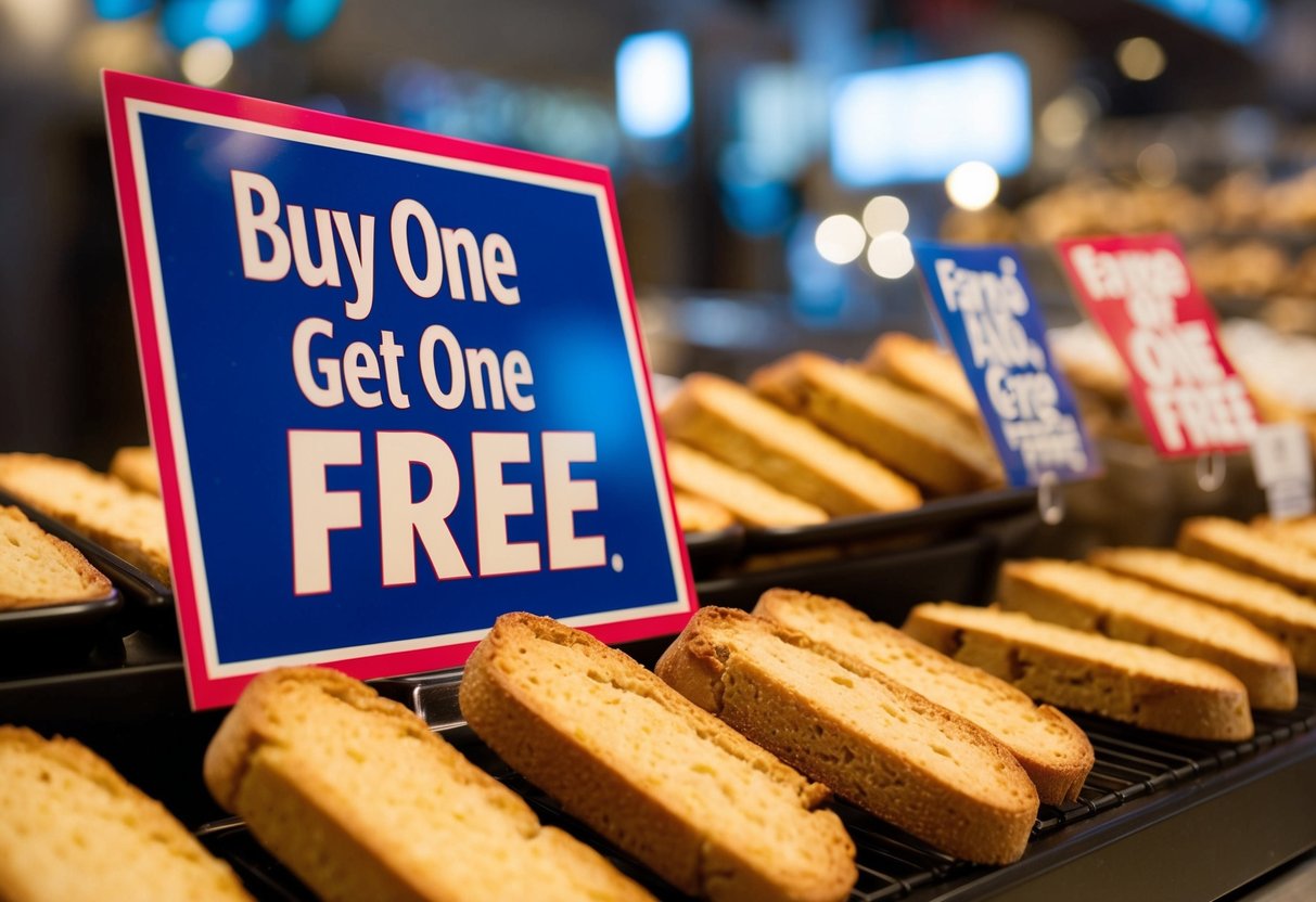 A display of Biscotti and Famous Amos cookies with a prominent "Buy One Get One Free" sign