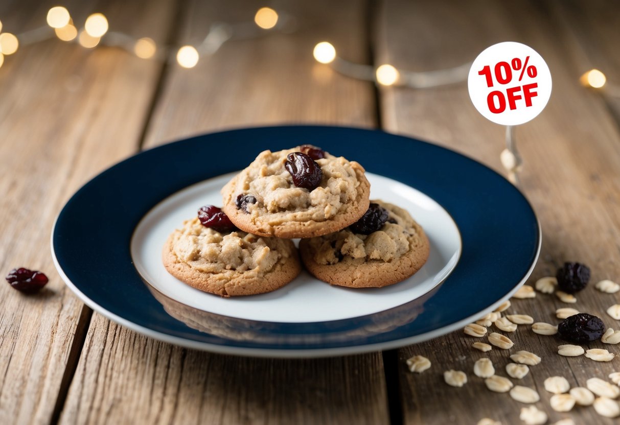 A plate of oatmeal raisin cookies with a "20% Off" sticker