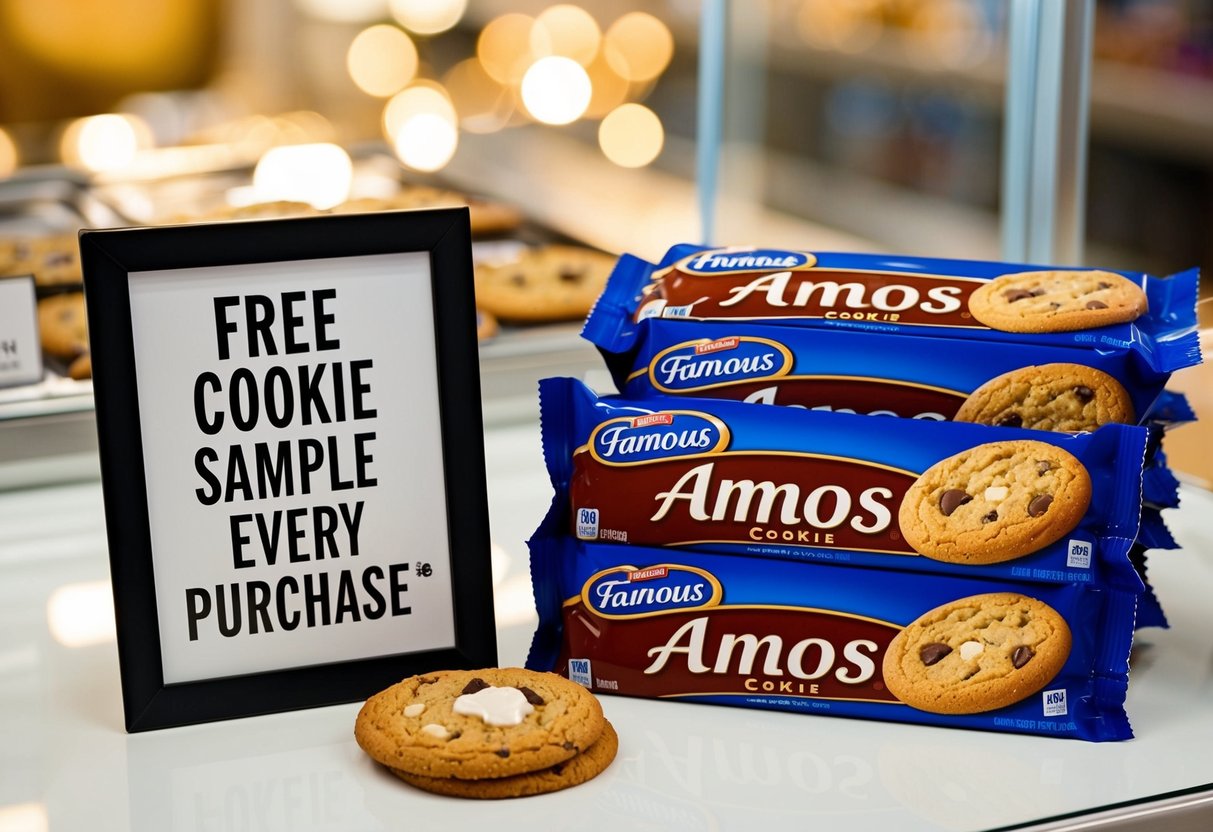 A cookie display with a "Free Cookie Sample with Every Purchase" sign next to a stack of Famous Amos cookie packages
