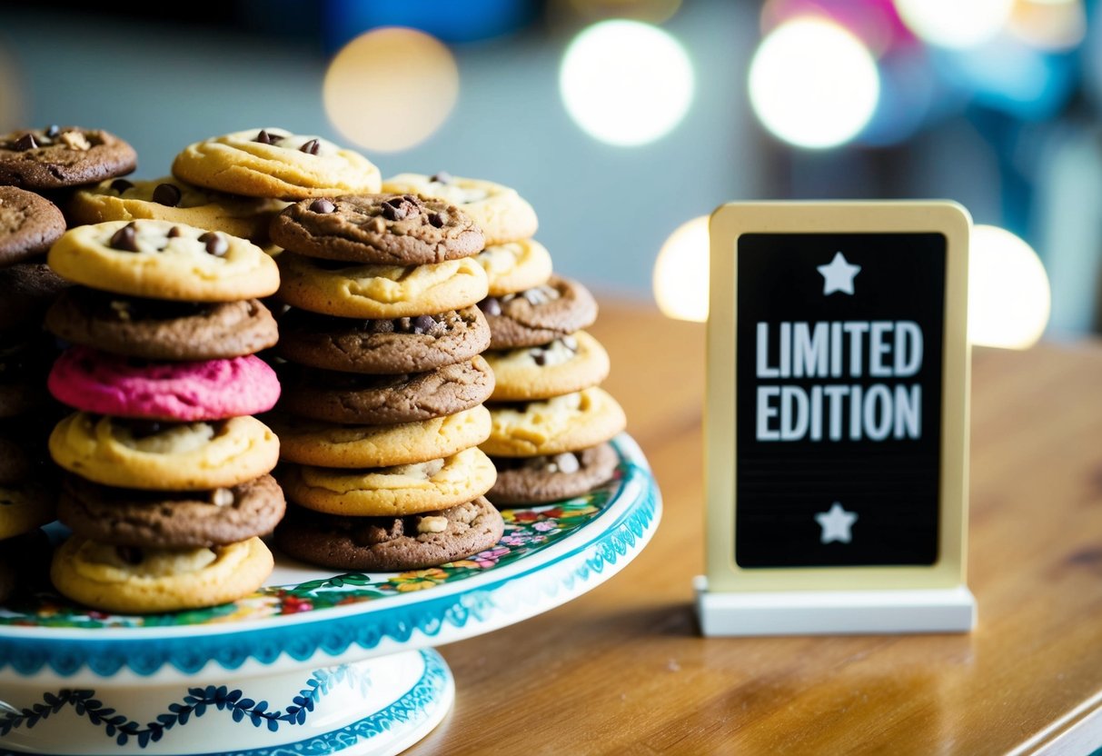 A stack of colorful, freshly baked cookies arranged on a decorative platter with a "Limited Edition" sign displayed prominently