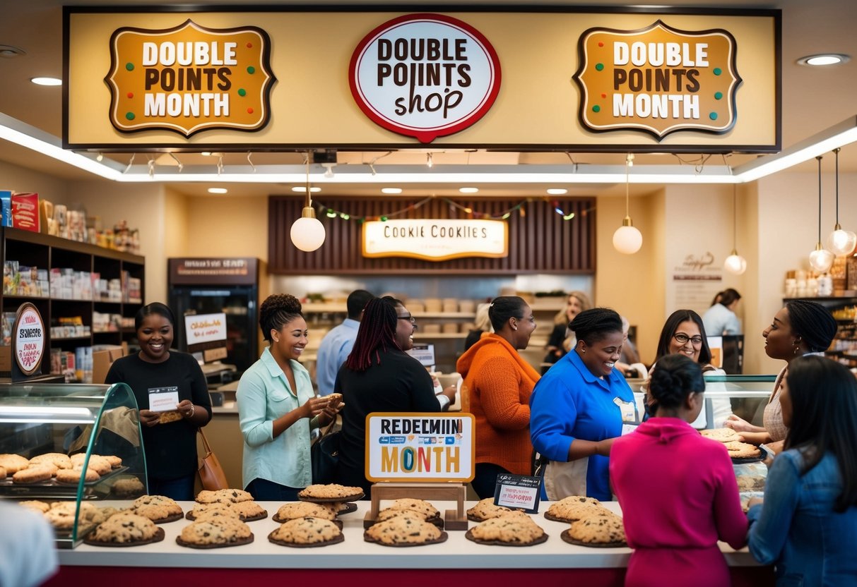 A bustling cookie shop with "Double Points Month" signs and customers eagerly redeeming their loyalty rewards