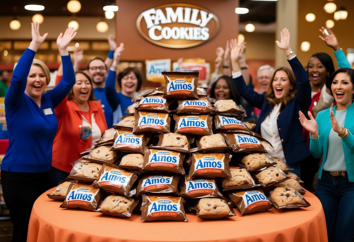 A table piled high with Half-Price Family Cookie Packs, surrounded by excited customers at a Famous Amos promotion
