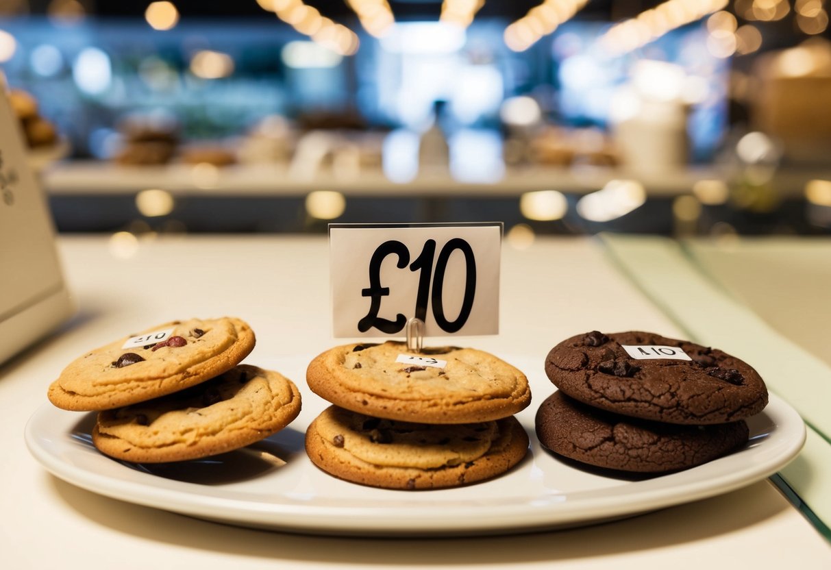 A display of three assorted cookies arranged neatly on a plate, with a price tag of £10