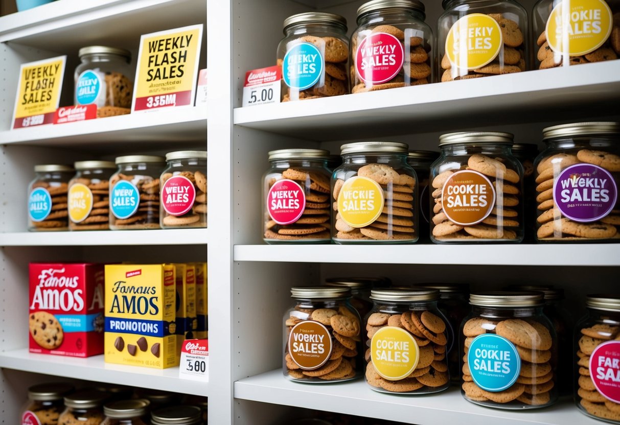 Cookie jars stacked on shelves, with "Weekly Flash Sales" signs and Famous Amos promotions displayed nearby