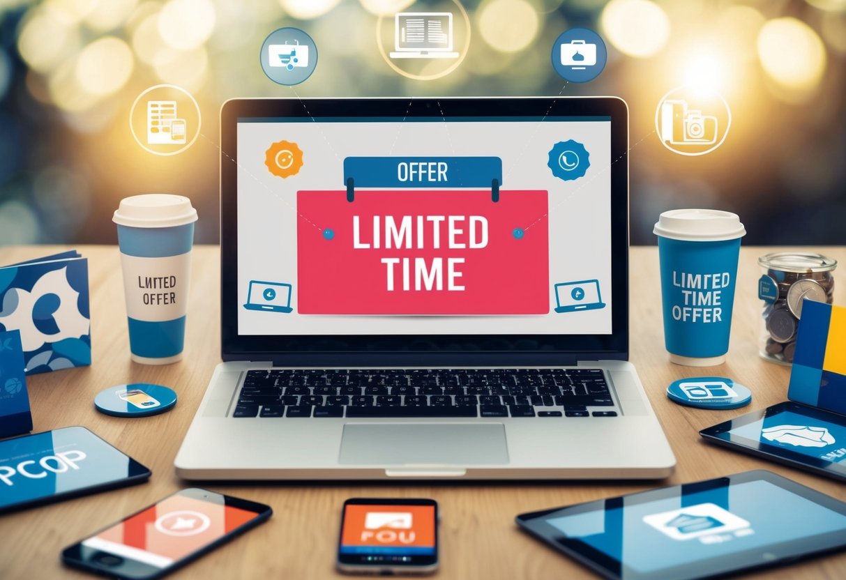 A laptop surrounded by various promotional items and icons, with a "limited time offer" banner displayed prominently
