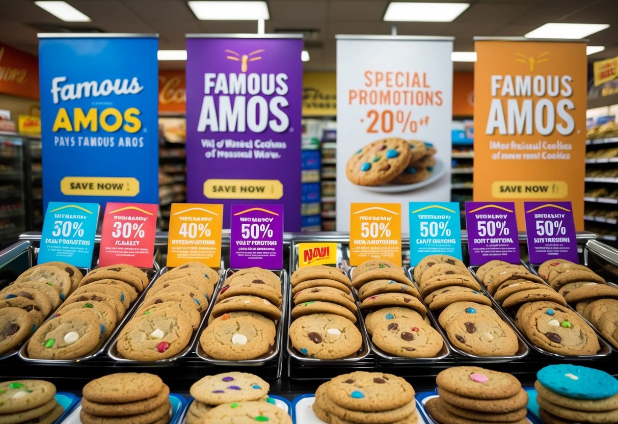 A colorful display of cookies, surrounded by vibrant banners and signs advertising special promotions and discounts at Famous Amos