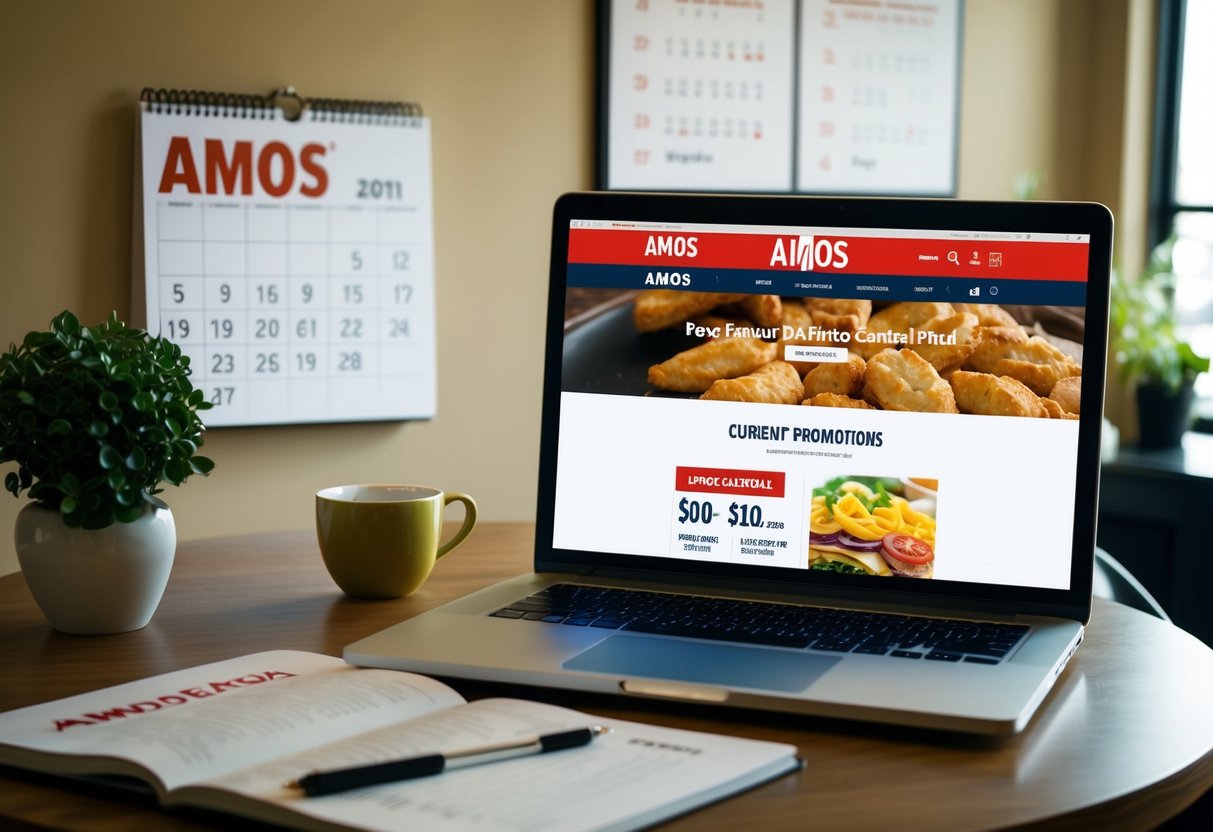 A table with a laptop open to the Famous Amos website, showing current promotions. A calendar on the wall displays the date