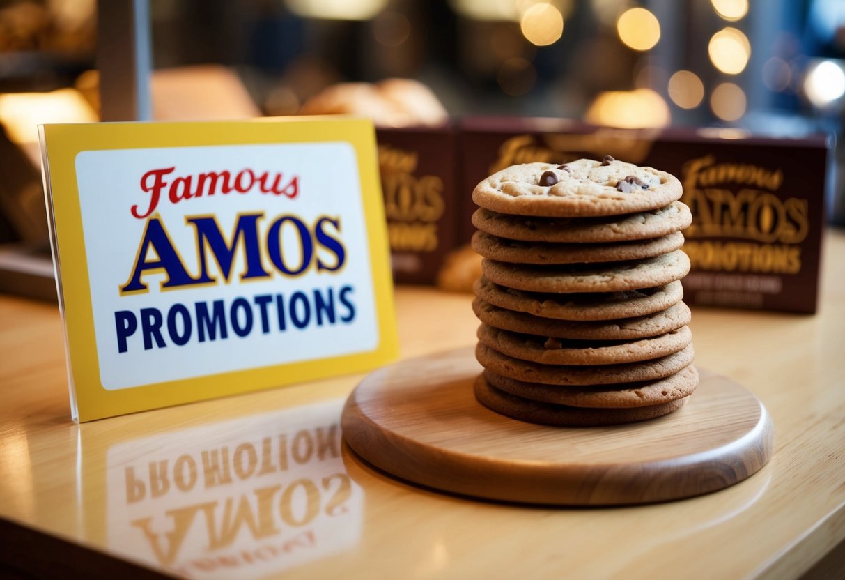 A display of Famous Amos promotions with a stack of cookies and a sign