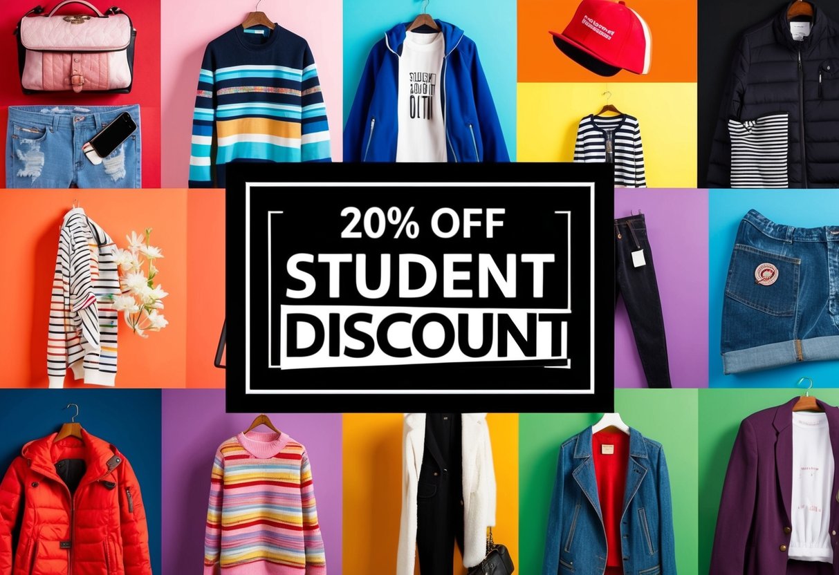 A colorful collage of trendy fashion items with a prominent "20% Off Student Discount" banner