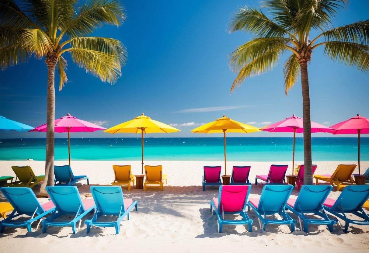 A vibrant beach scene with colorful umbrellas, sun loungers, and palm trees. A clear blue sky and sparkling ocean complete the summer vibe