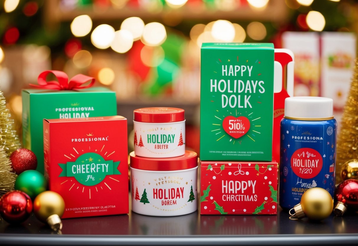 A festive display of holiday-themed products and promotions, featuring bright colors and cheerful designs