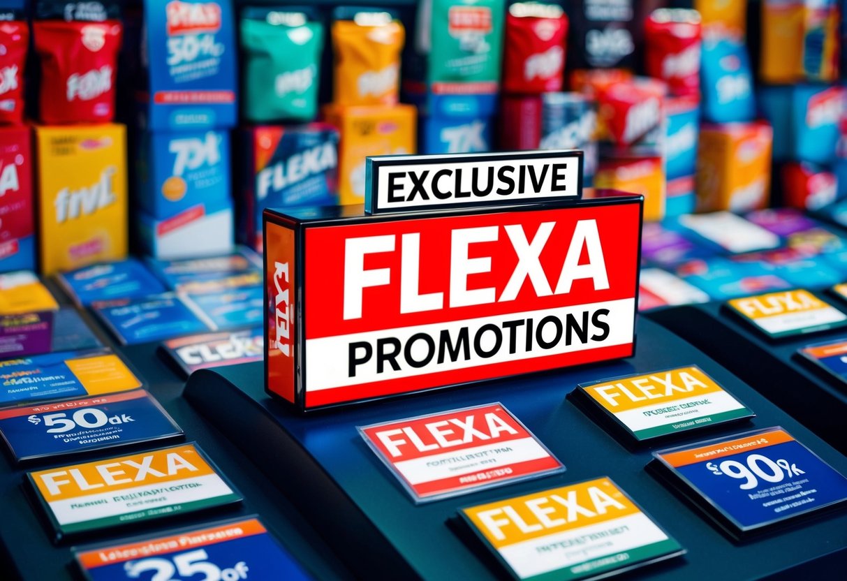 A colorful display of exclusive Flexa promotions, featuring various products and discounts