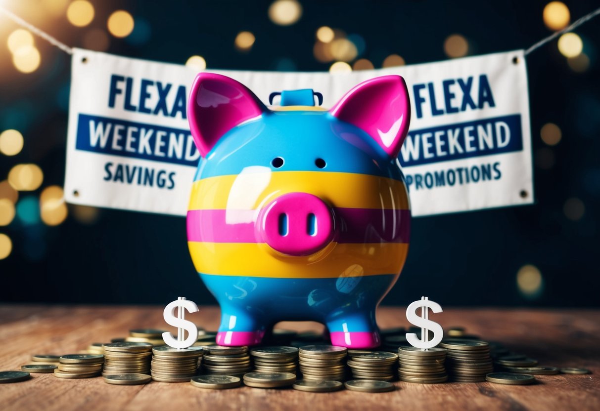 A colorful piggy bank surrounded by money, coins, and dollar signs, with a banner reading "Flexa Weekend Savings" and "flexa promotions" in the background
