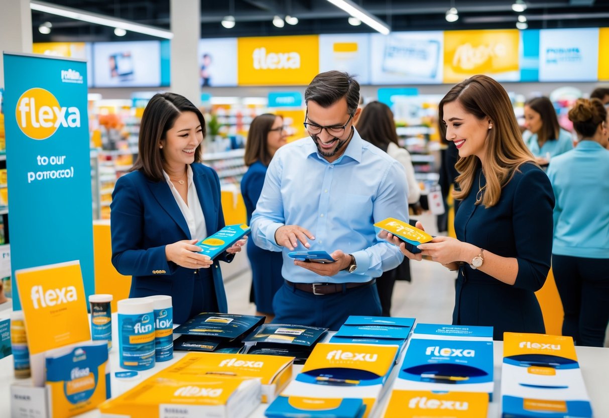 A group of people engaging with various promotional materials and products from Flexa in a lively and vibrant retail environment