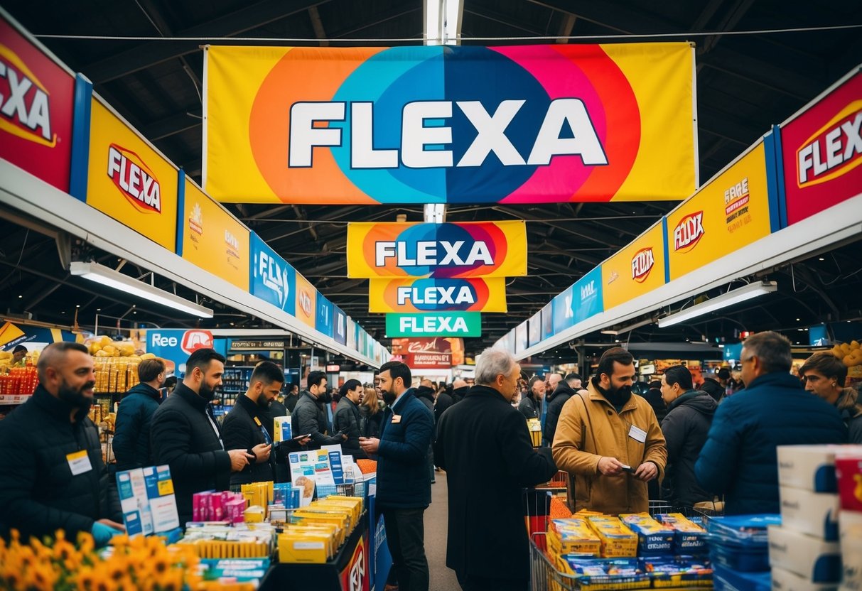 A colorful banner with the Flexa logo hangs above a bustling marketplace. Vendors display products with prominent Flexa branding. Customers eagerly engage with promotional materials
