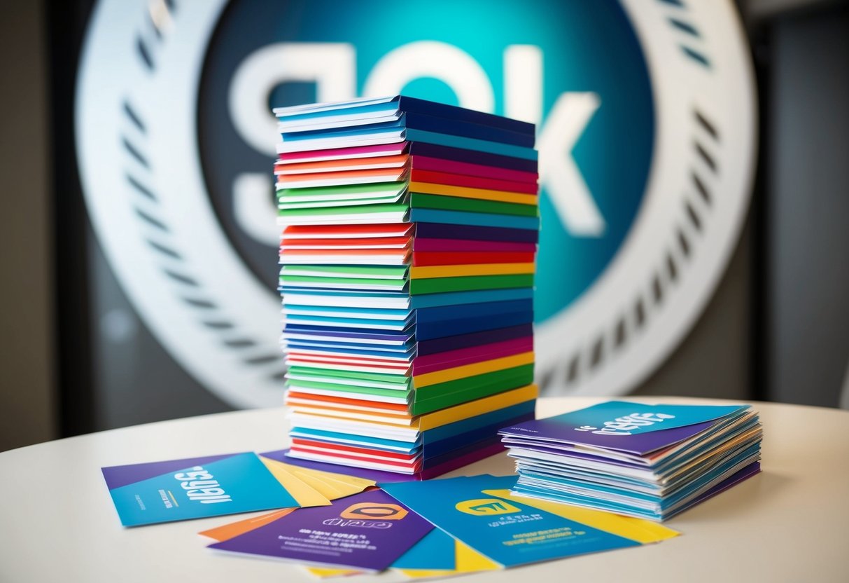 A stack of colorful promotional flyers arranged on a table with a logo in the background