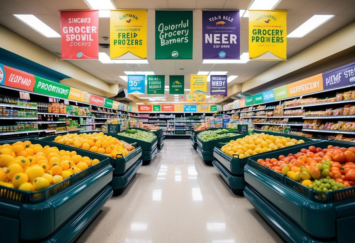 A bustling grocery store with colorful banners and signs advertising various promotions on products throughout the aisles