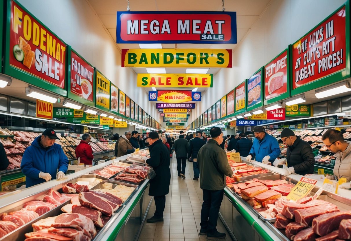 A bustling foodmart with colorful banners and signs advertising the "Mega Meat Sale." Customers browse the aisles filled with various cuts of meat at unbeatable prices