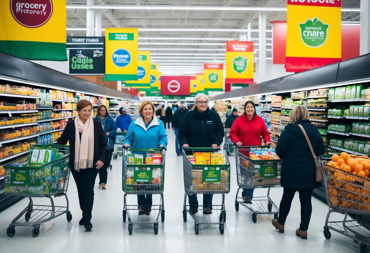 A bustling grocery store with colorful banners and signs promoting various food items. Shoppers browse the aisles, carts filled with discounted products
