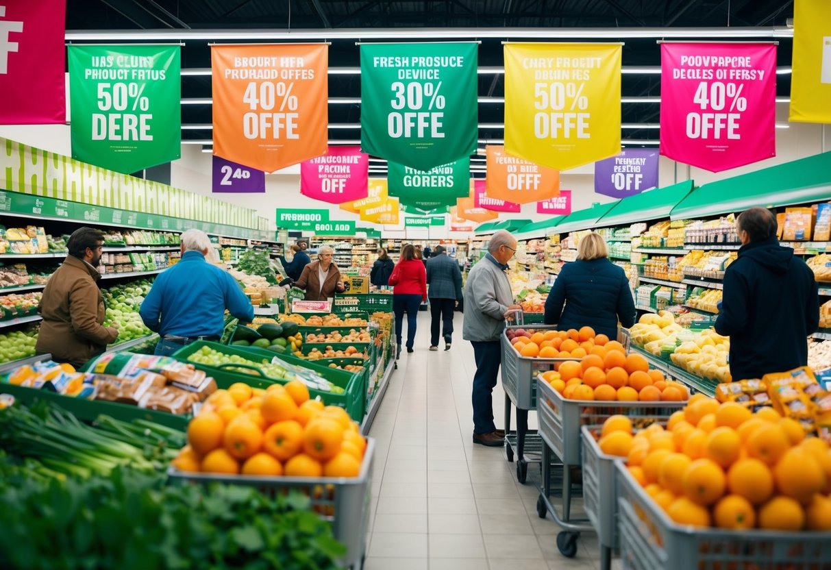 A bustling grocery store with colorful banners and signs promoting various discounts and deals on fresh produce and packaged goods. Customers eagerly browse the aisles, taking advantage of the enticing offers