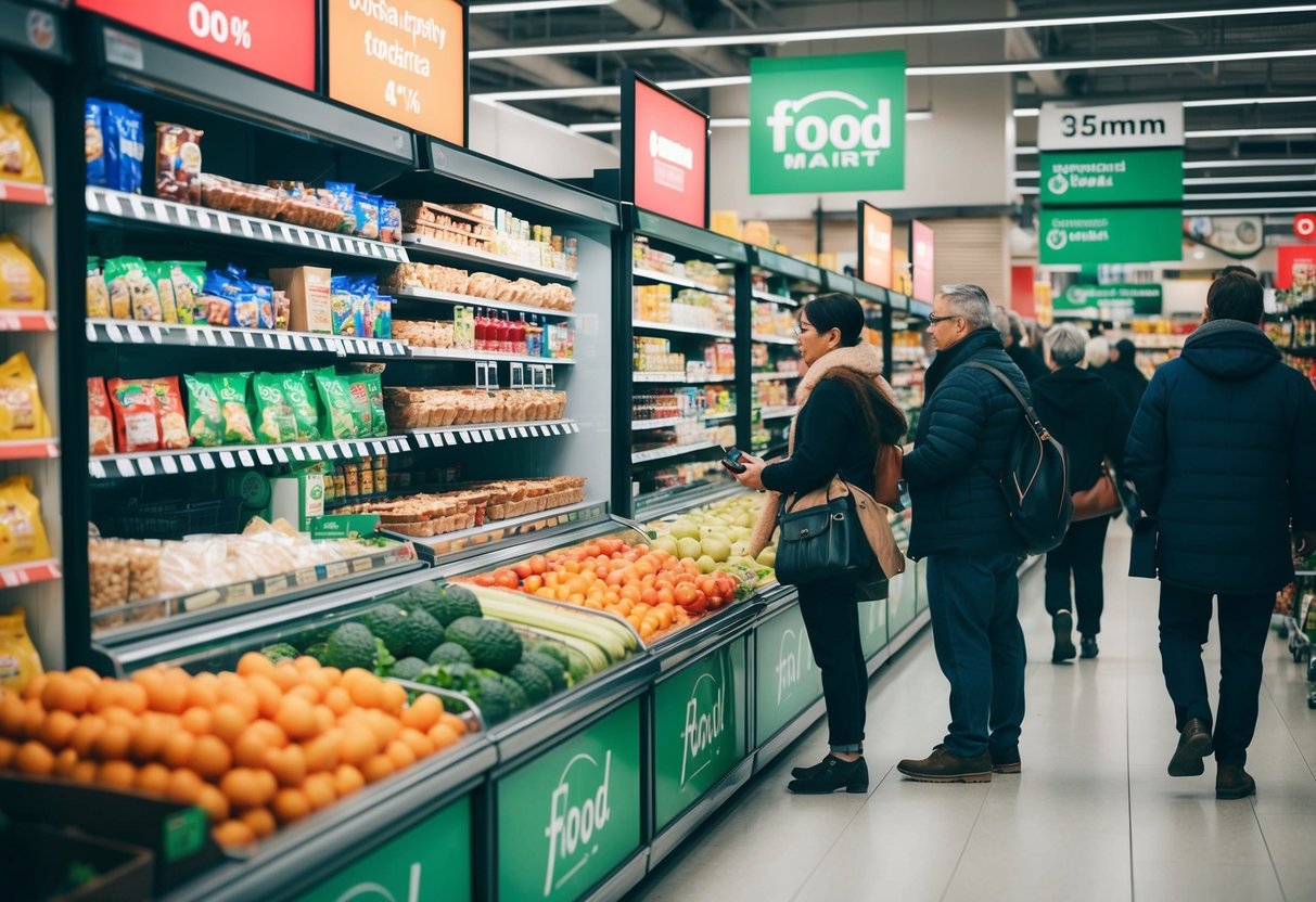 A bustling foodmart with customers browsing shelves and promotional displays