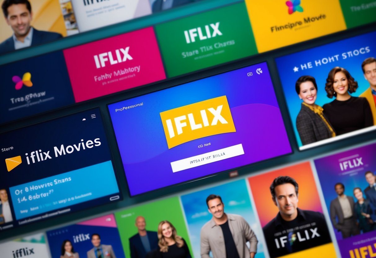 A colorful array of promotional materials for iflix, including banners, logos, and images of popular shows and movies