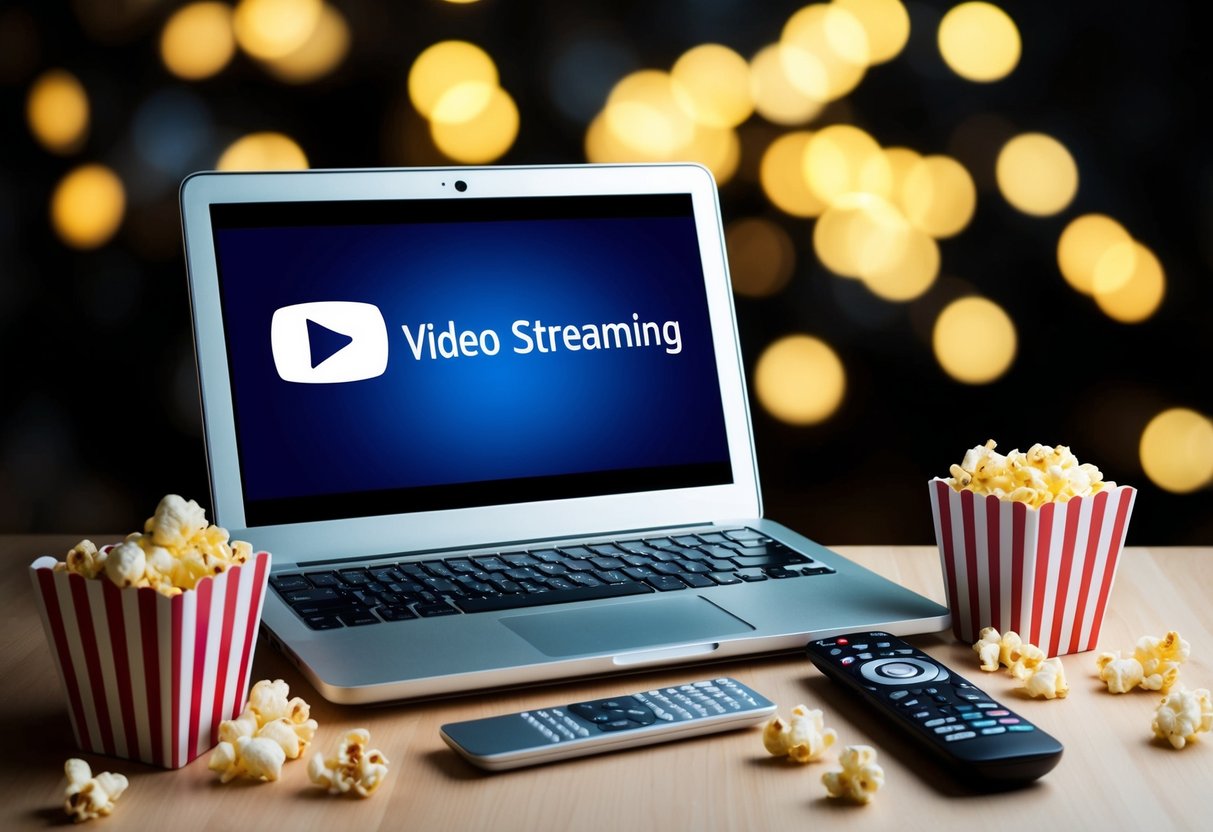 A laptop with a video streaming service logo displayed on the screen, surrounded by popcorn and a remote control