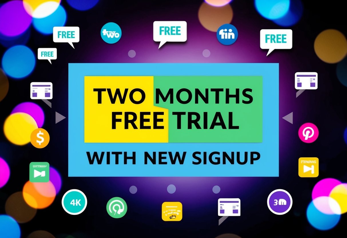 A colorful banner with "Two Months Free Trial with New Signup" displayed, surrounded by streaming icons and promotional graphics