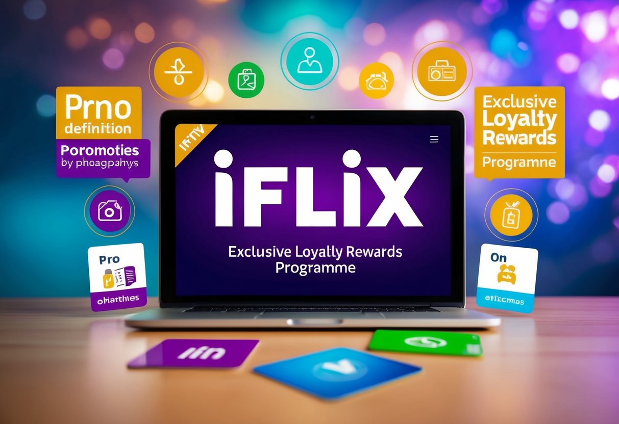 A vibrant digital screen displays the iFlix logo surrounded by various promotional graphics and icons, showcasing the exclusive loyalty rewards programme