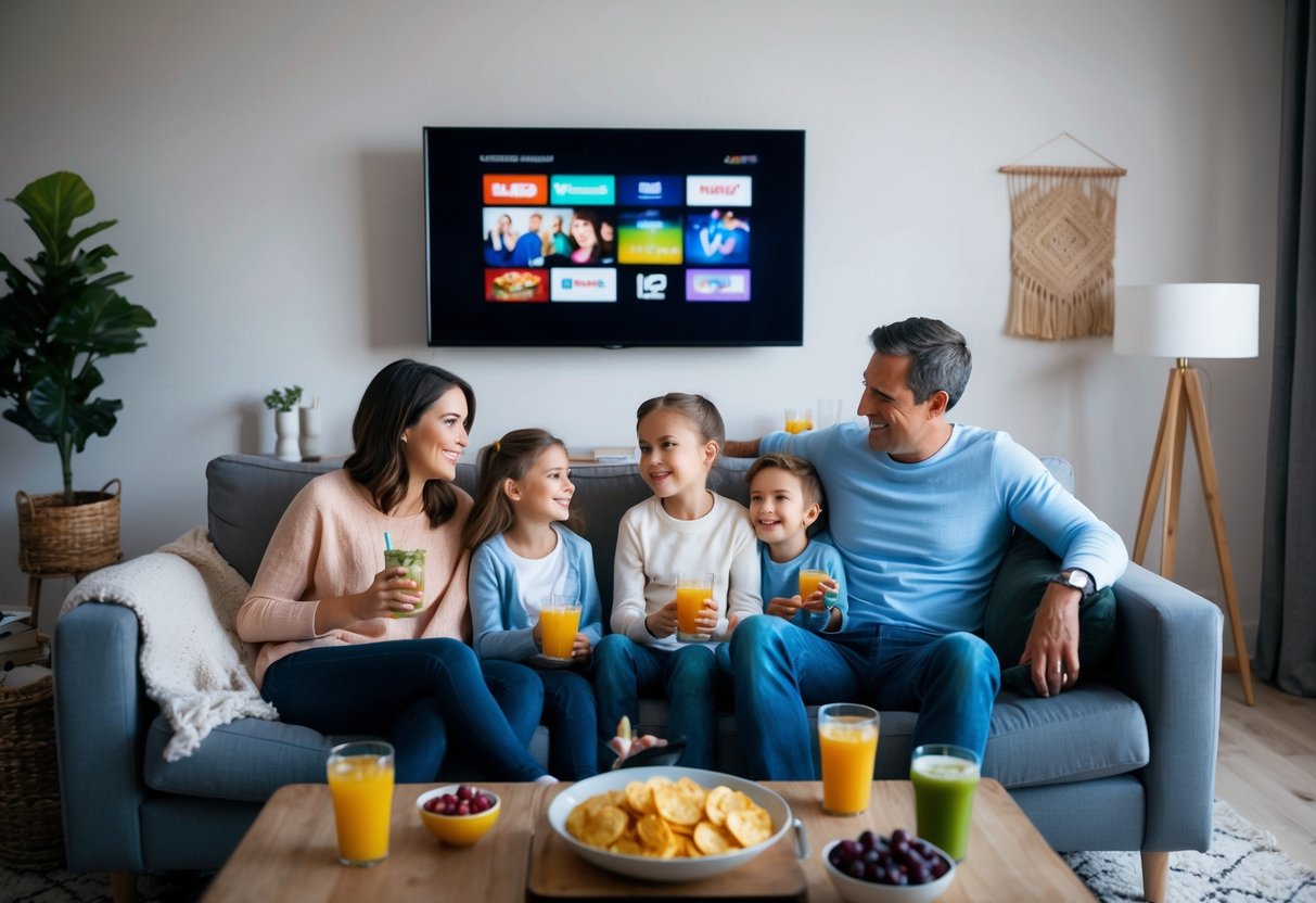 A family of four on a cozy couch, surrounded by snacks and drinks, with a TV showing a variety of movie and TV show options