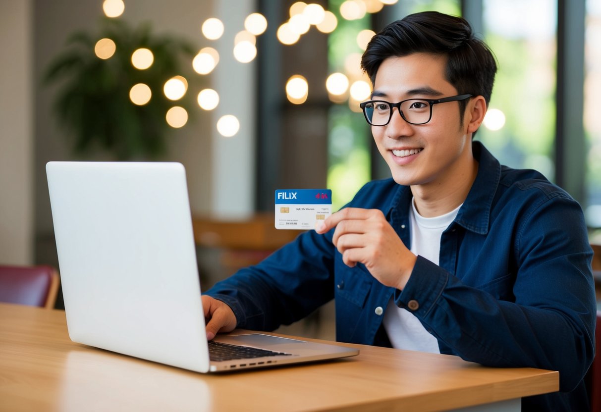 A student holding a valid ID card while streaming iflix on a laptop