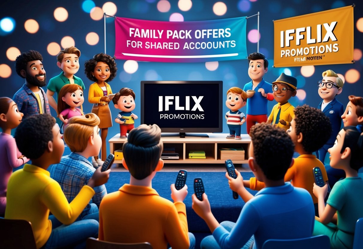 A group of diverse cartoon characters gather around a TV, each holding a remote, with a banner displaying "Family Pack Offers for Shared Accounts iflix promotions" in the background