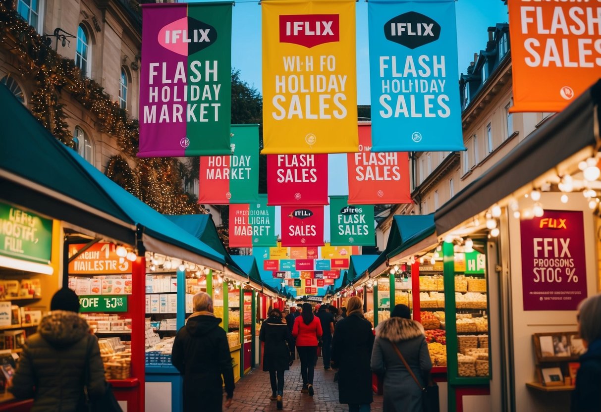 A festive holiday market with colorful banners and signs advertising flash sales on iflix promotions