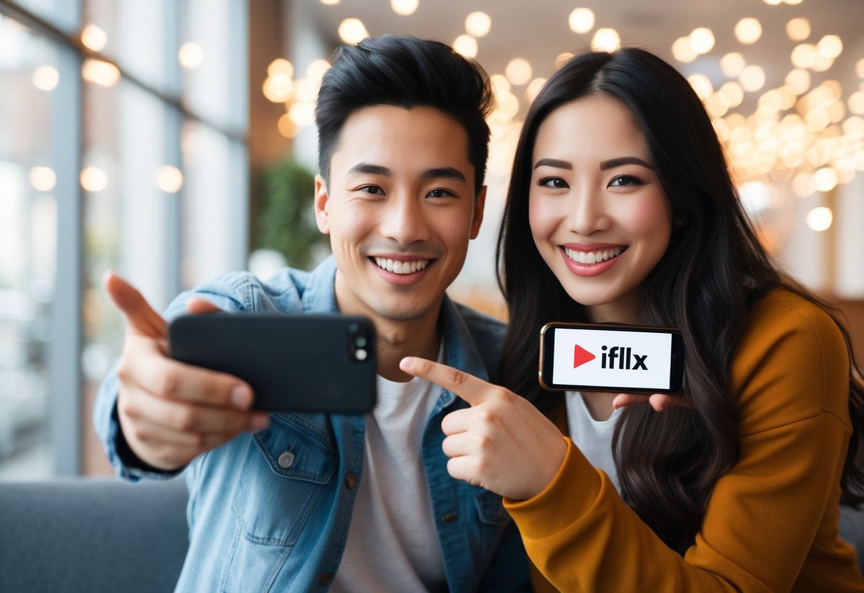 Two friends smiling and pointing at a phone screen showing the iflix promotion